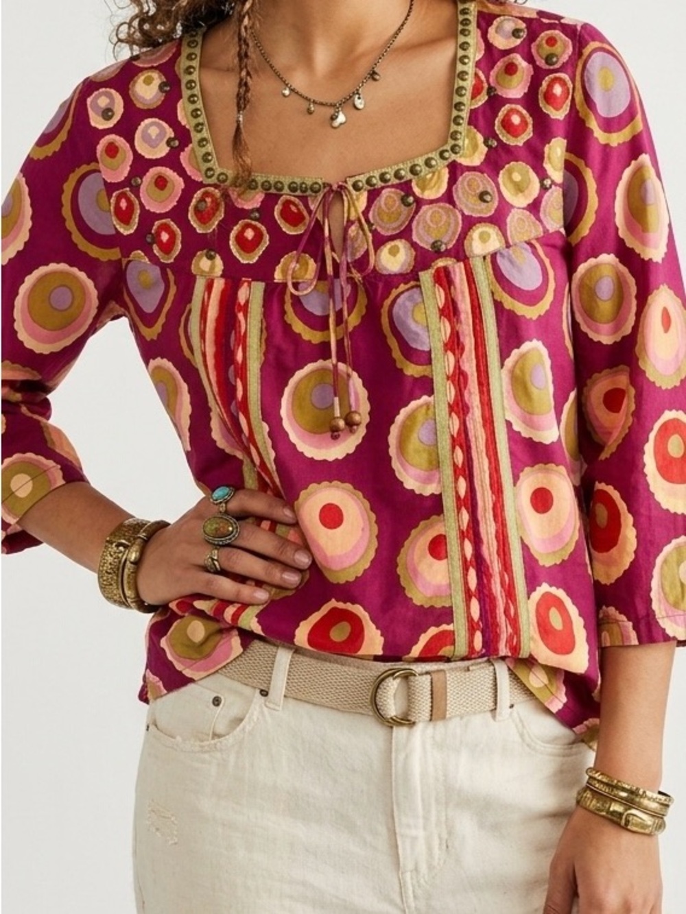 Life Style Boho 100% Cotton Circle Print Blouse Square Neck Studded Tunic M